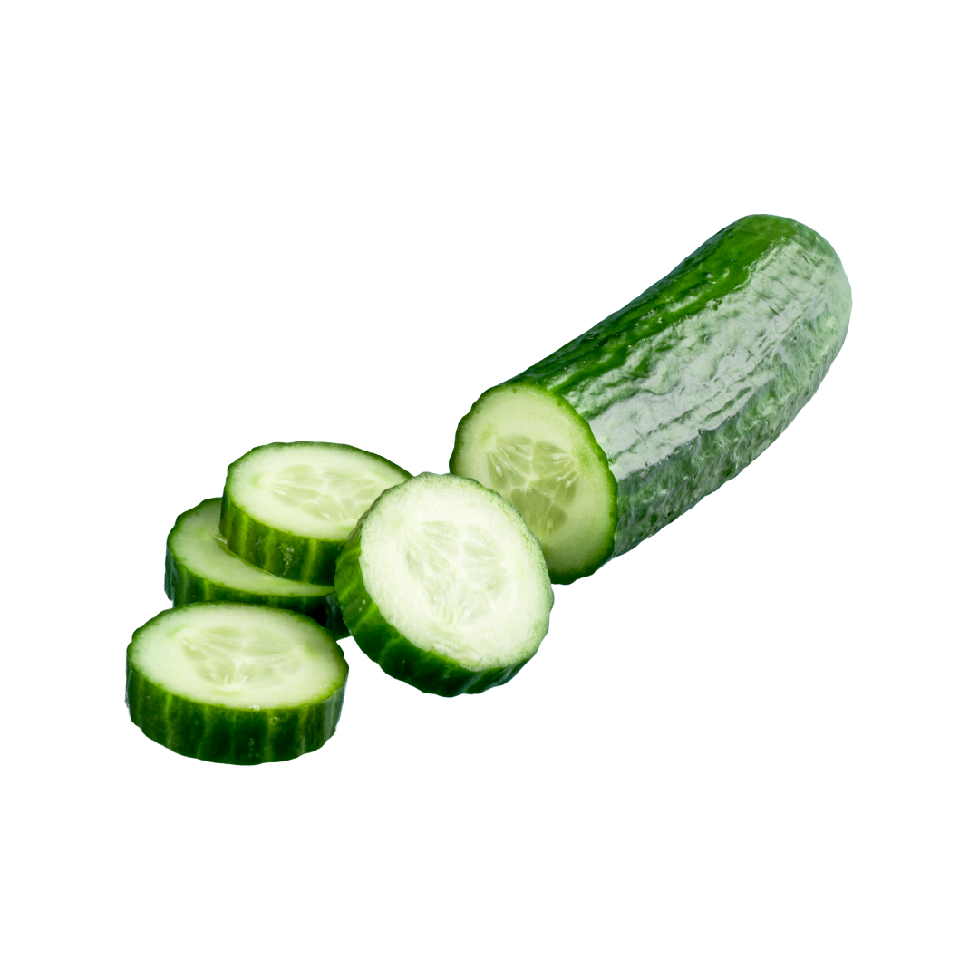 Whole and sliced cucumbers on a white background