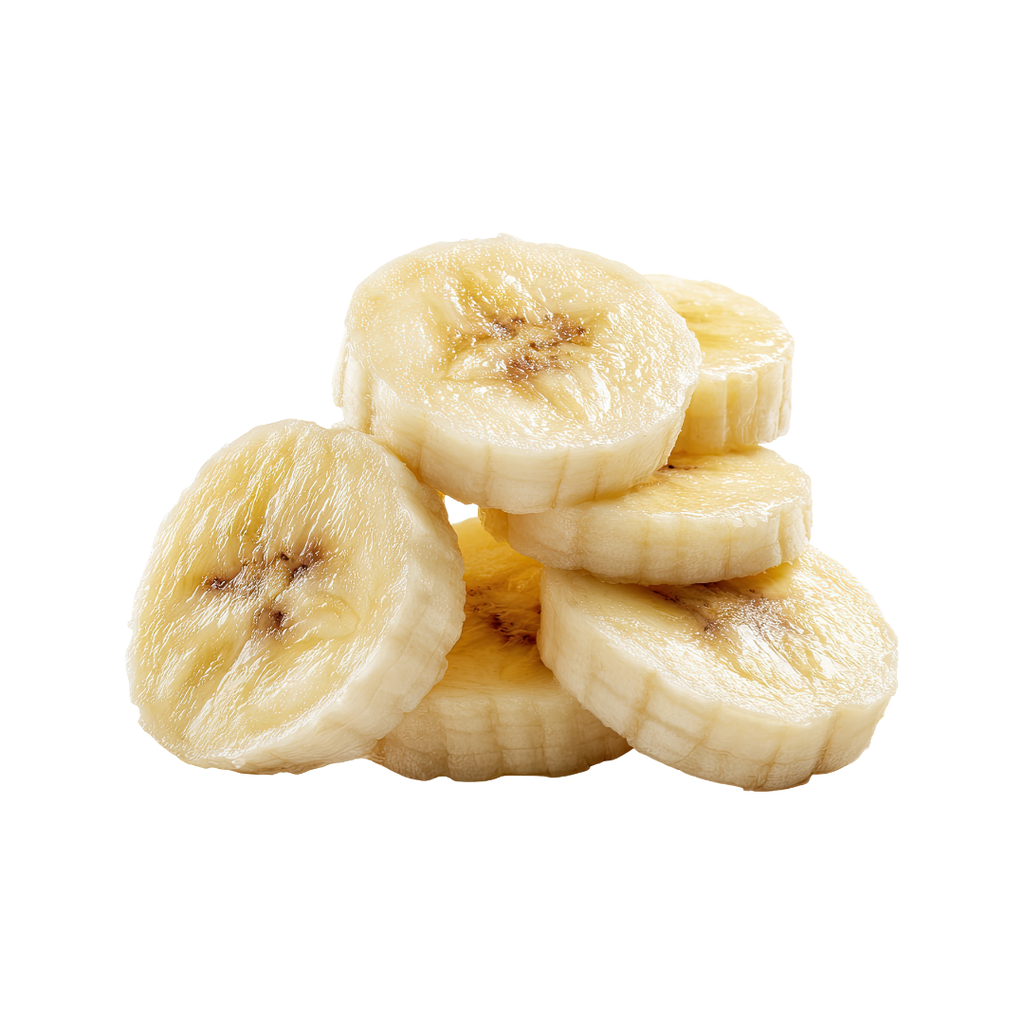 Stack of sliced bananas on a white background