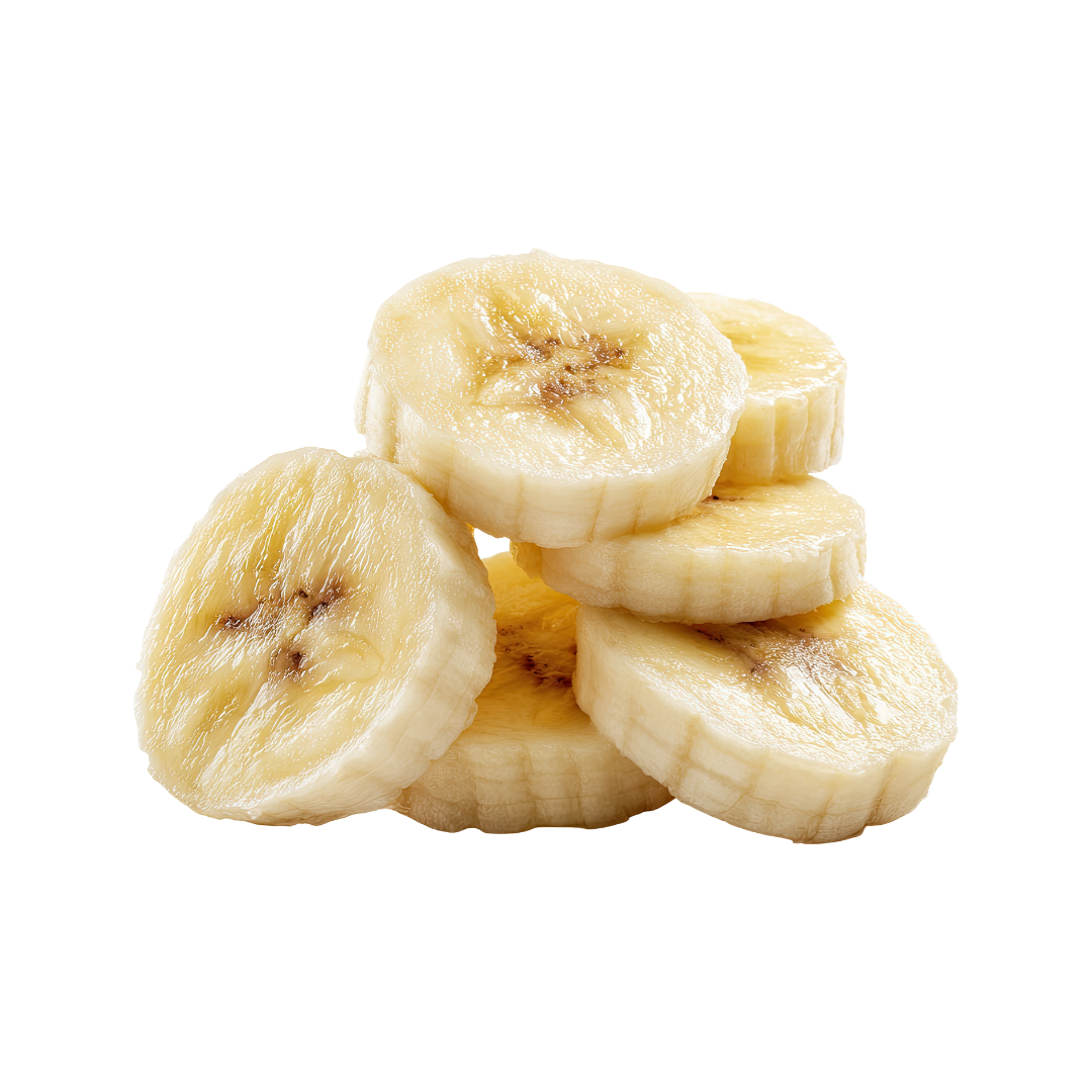 Stack of sliced bananas on a white background