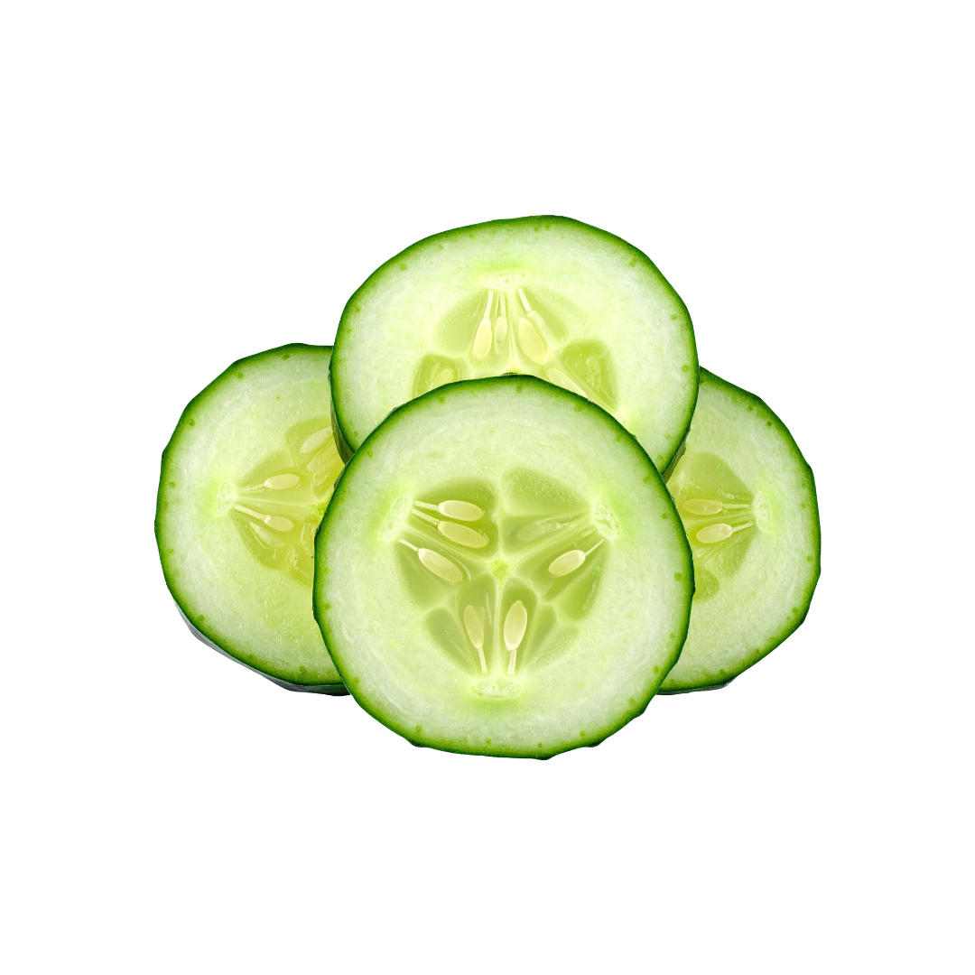 Four slices of cucumber on a white background