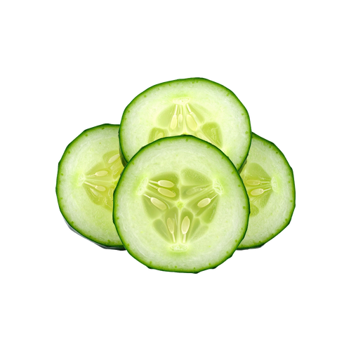 Four slices of cucumber on a white background