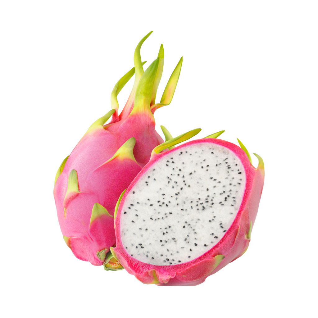 Dragon fruit with a cut half showing its interior on a white background