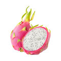 Dragon fruit with a cut half showing its interior on a white background