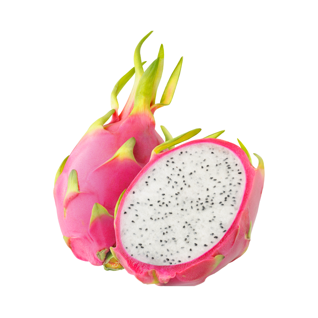 Dragon fruit with a cut half showing its interior on a white background