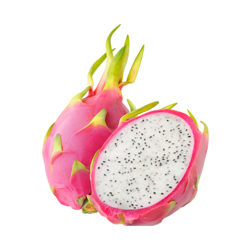 Dragon fruit with a cut half showing its interior on a white background