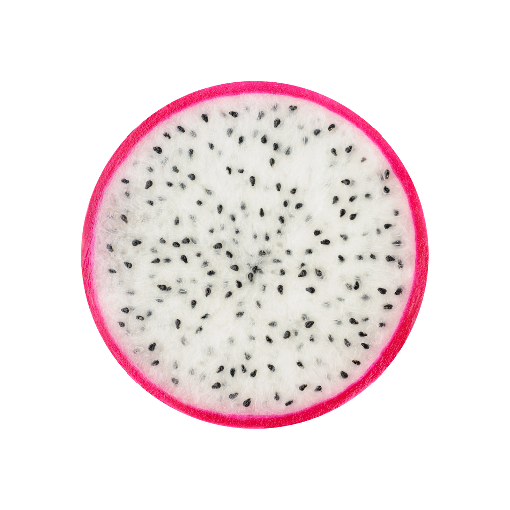 Close-up of a dragon fruit slice with pink skin on a white background