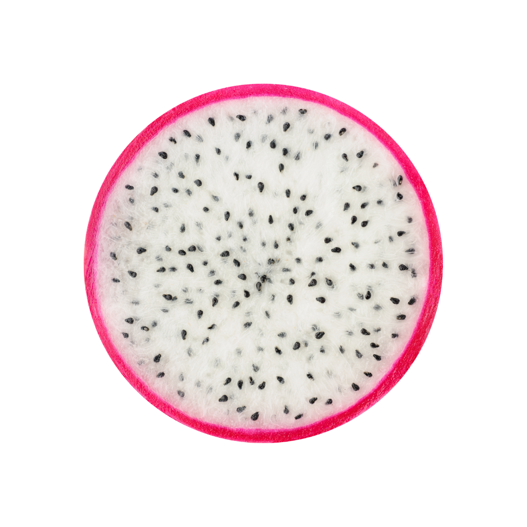 Close-up of a dragon fruit slice with pink skin on a white background