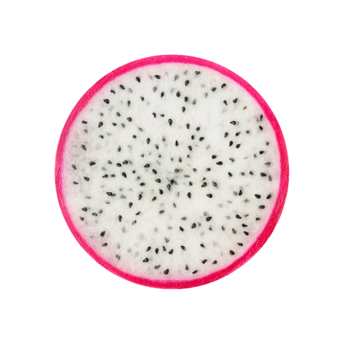 Close-up of a dragon fruit slice with pink skin on a white background