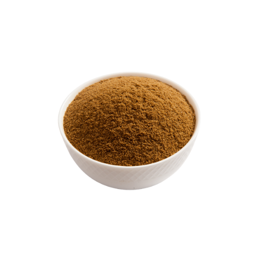 White bowl filled with brown powder on a white background