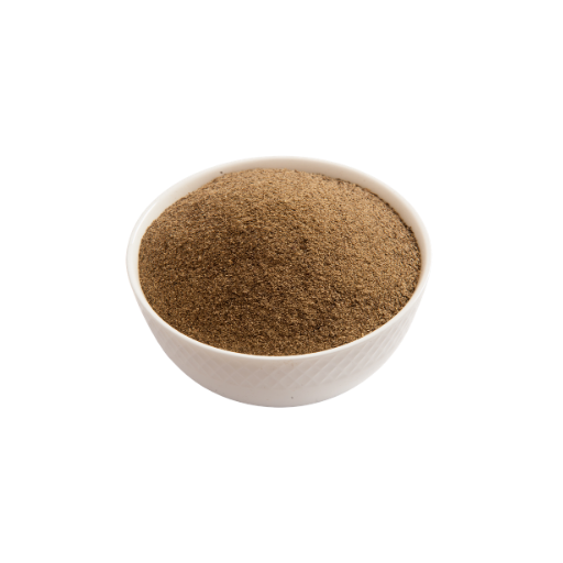 White bowl filled with brown powder on a white background
