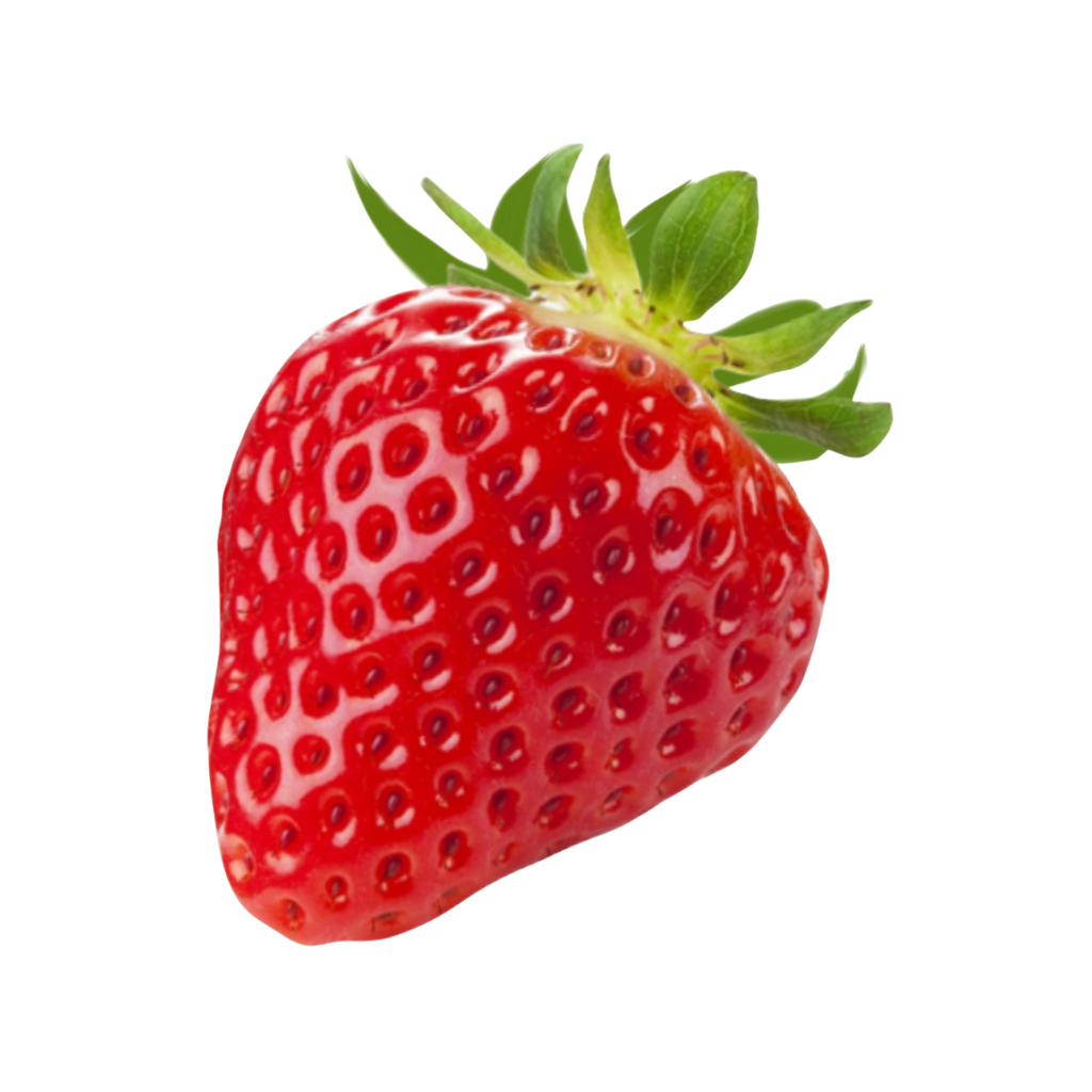 Red strawberry with green leaves on a white background