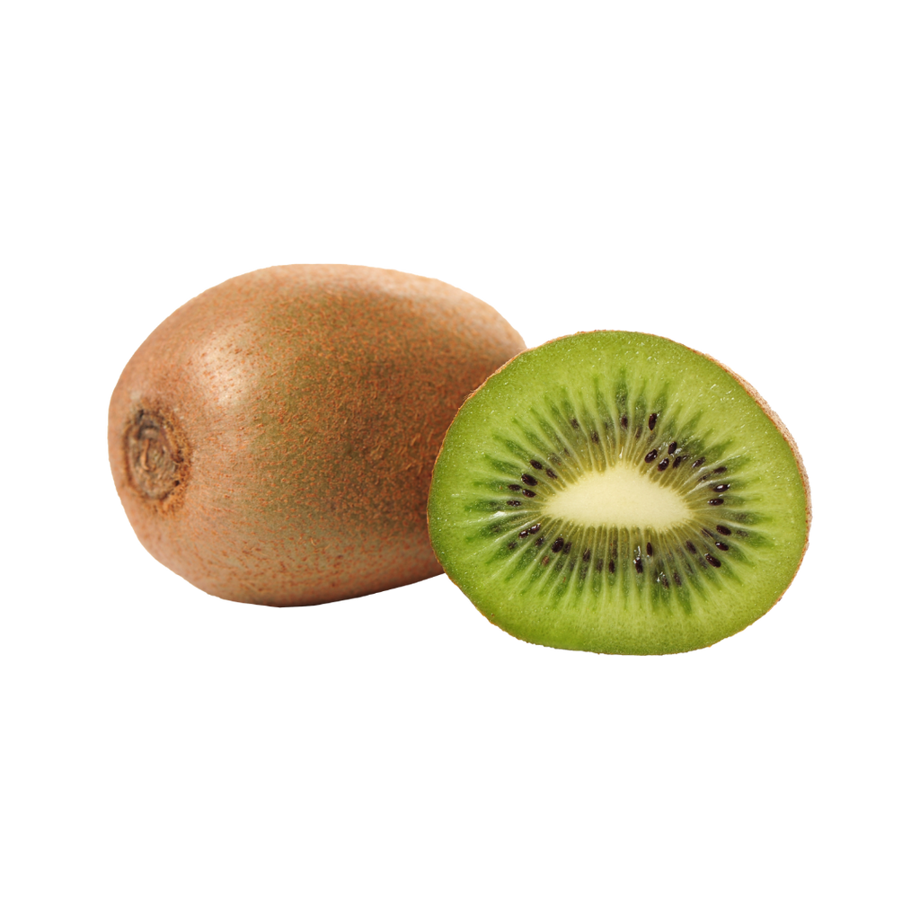 Whole and sliced kiwi fruit on a white background