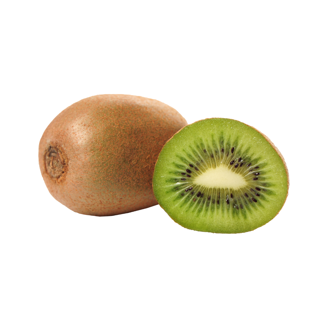 Whole and sliced kiwi fruit on a white background