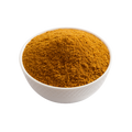 White bowl filled with a yellowish-brown powder on a white background