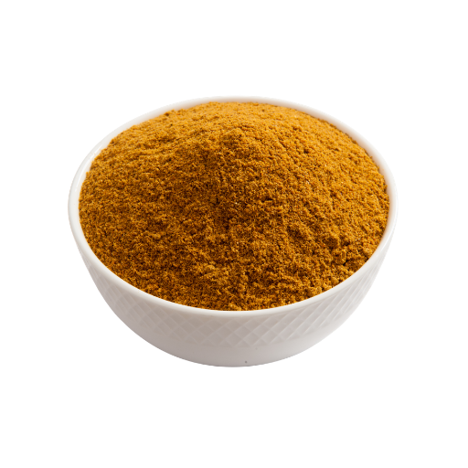White bowl filled with a yellowish-brown powder on a white background