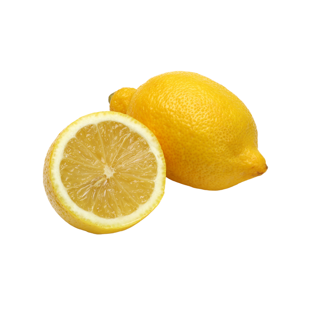 Two lemons, one whole and one sliced, on a white background