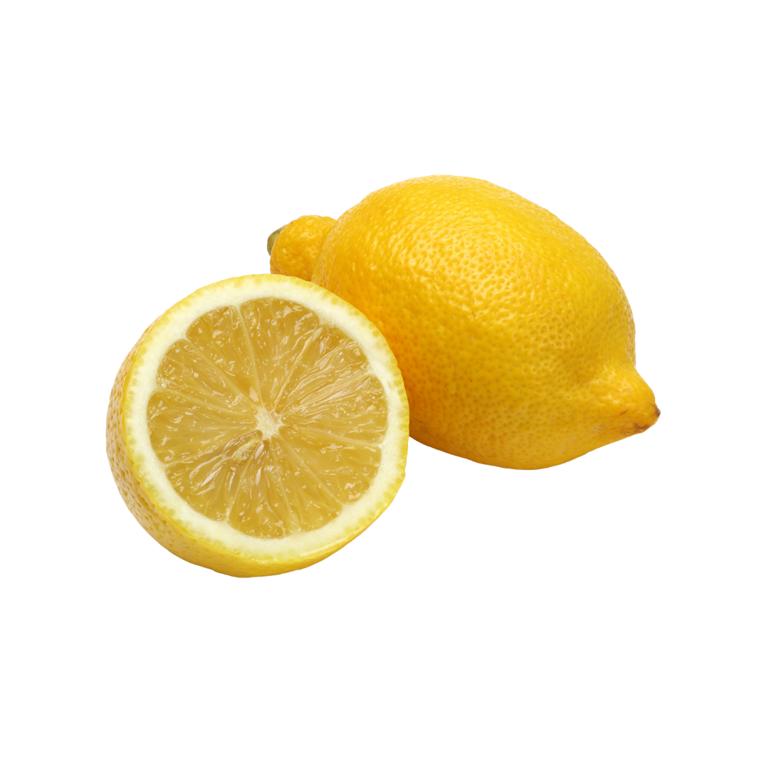 Two lemons, one whole and one sliced, on a white background