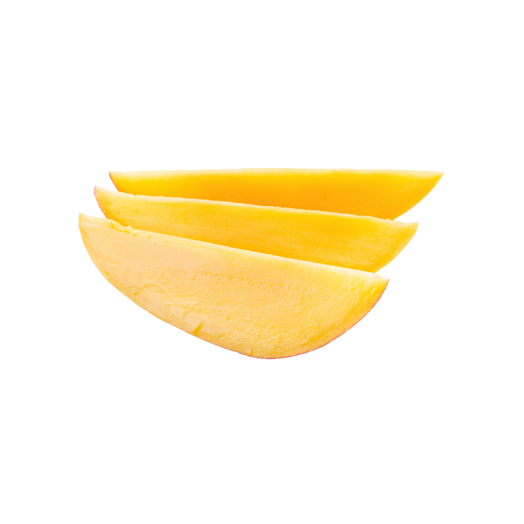Three slices of mango on a white background