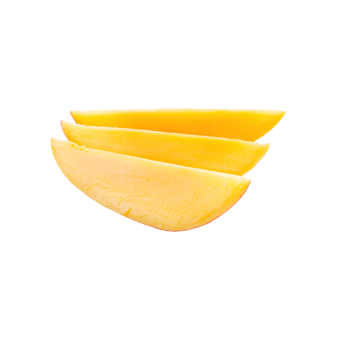 Three slices of mango on a white background