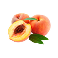 Peaches with one cut open on a white background