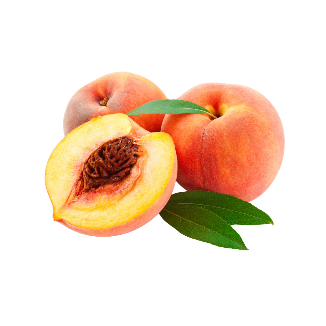Peaches with one cut open on a white background