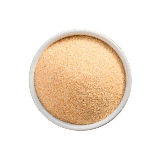 White bowl filled with light brown powder on a white background